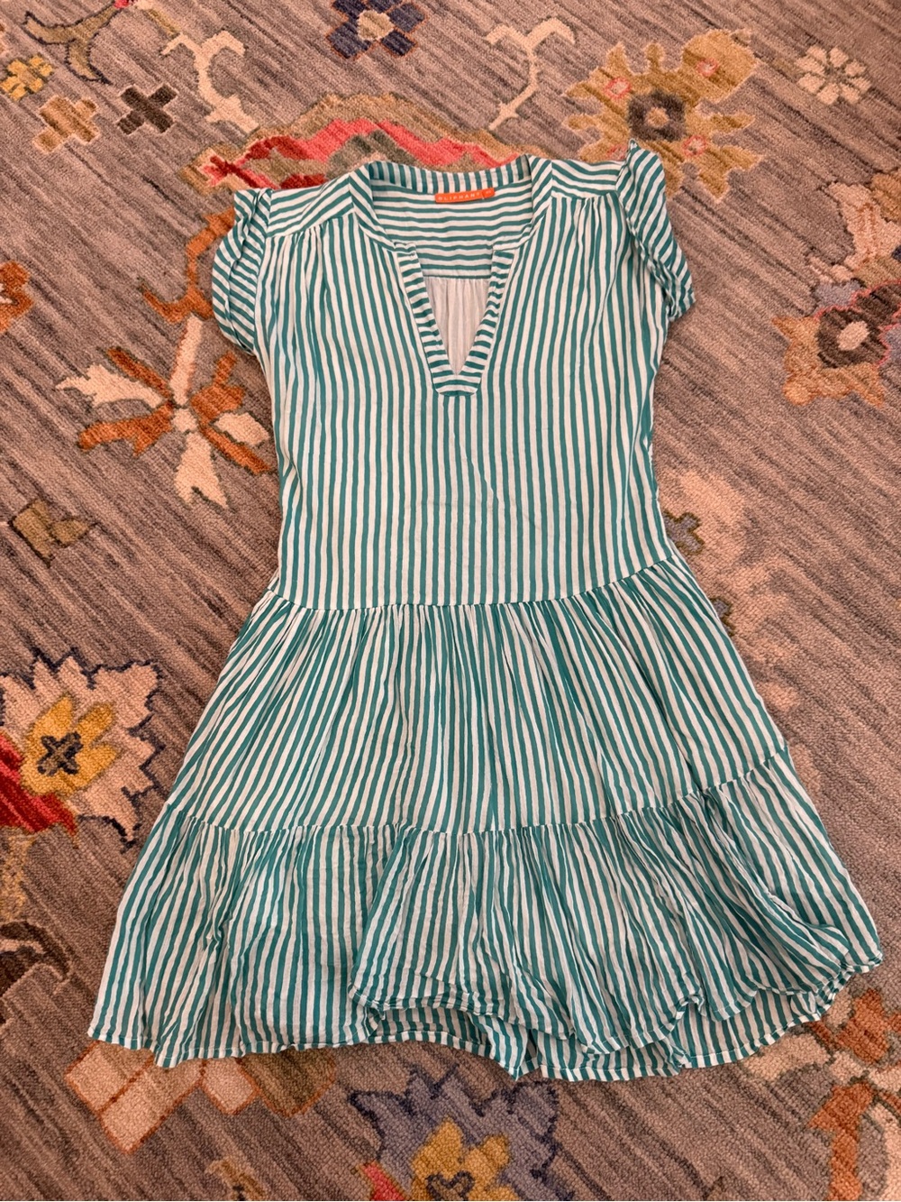 Oliphant Teal & White Striped V-Neck Tiered Mini Dress XS